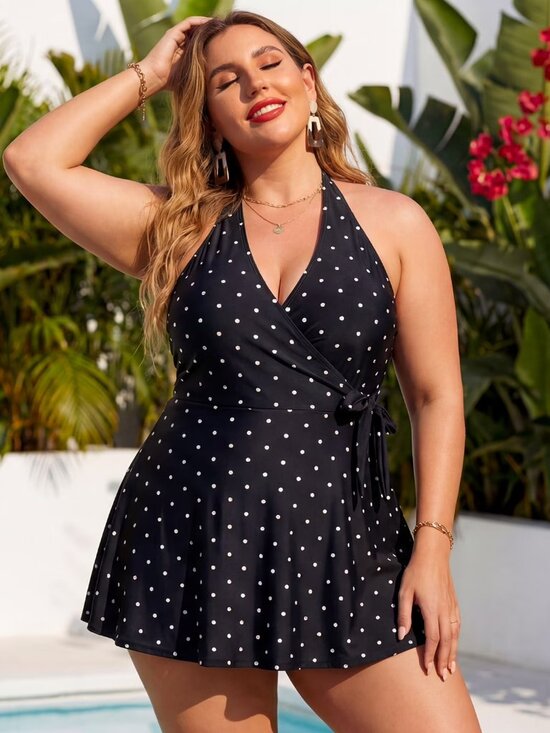 Ocean Blue Other - 🩱 Ocean Blues Black Polka Dot Halter Swimdress NWT XL 🖤